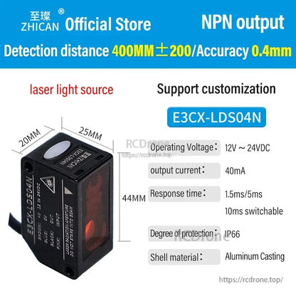 ZHICAN E3CX-LDS Laser Displacement Sensor, ZHICAN E3CX-LDS04N laser sensor: 400mm±200 range, 0.4mm accuracy, 12-24VDC, IP66 aluminum housing, 40mA, 1.5–10ms response, NPN output, customizable.