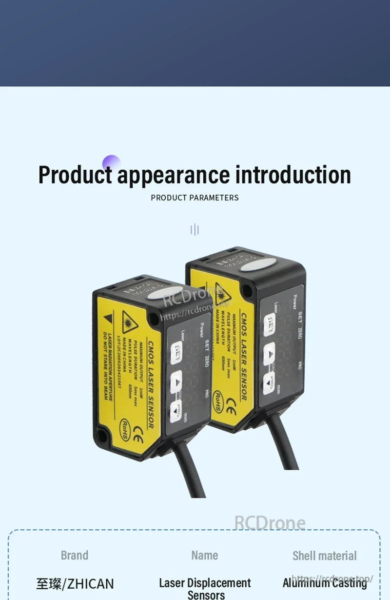 ZHICAN E3CX-LDS Laser Displacement Sensor, ZHICAN laser displacement sensor features an aluminum shell, CMOS laser tech, and safety certification for reliable performance.