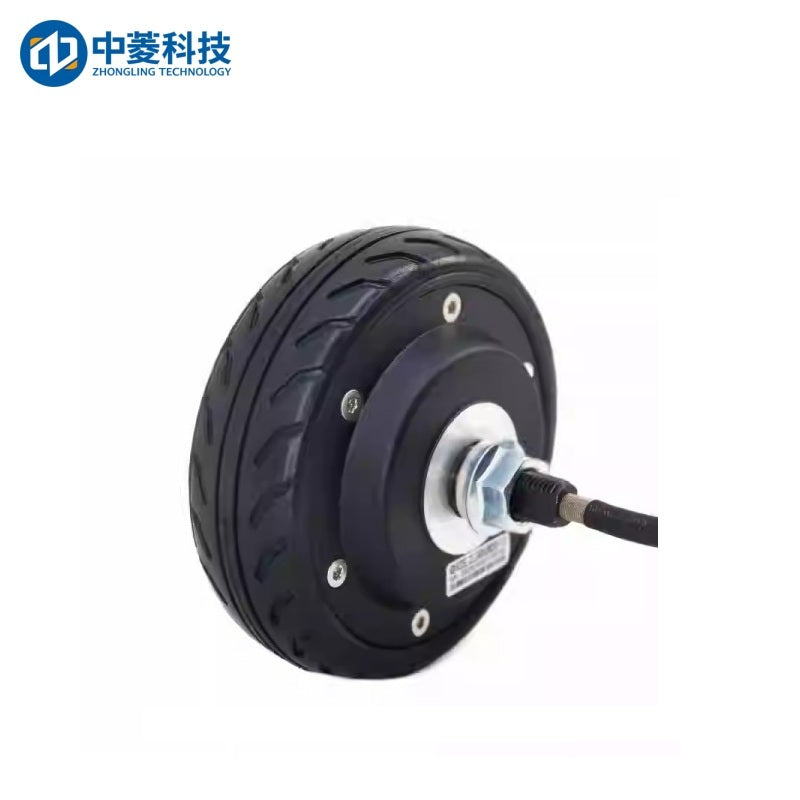 ZHONGLING 5-inch hub motor wheel with rubber tire, black housing, and cable lead attached