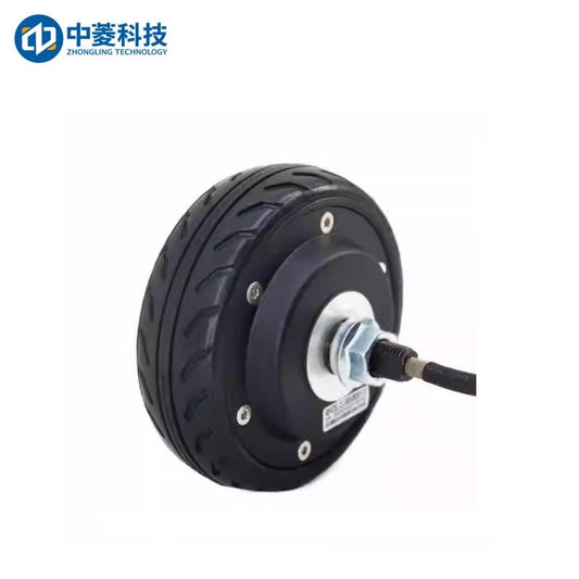 ZHONGLING 5-inch hub motor wheel with rubber tire, black housing, and cable lead attached