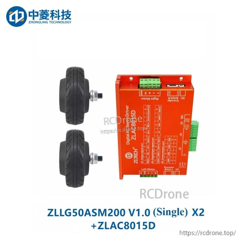 Two ZLLG50ASM200 V1.0 5-inch hub motor wheels with ZLAC8015D red digital motor driver controller