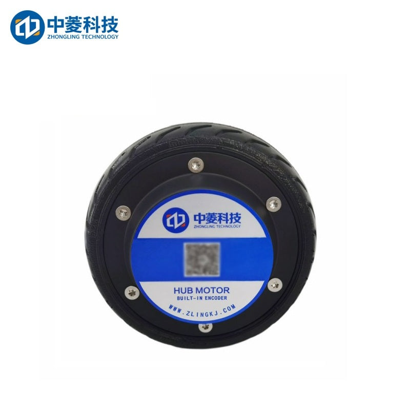 ZHONGLING 5-inch hub motor wheel with tire, Zhongling Technology label, and built-in encoder badge