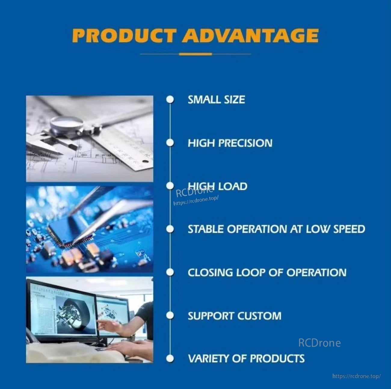 Product Advantage infographic listing small size, high precision, high load, stable low-speed operation and closed-loop operation