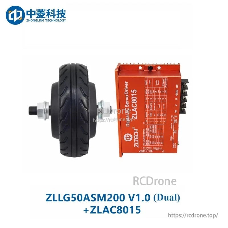 ZHONGLING ZLLG50ASM200 V1.0 hub motor wheel alongside ZLAC8015 digital servo driver controller