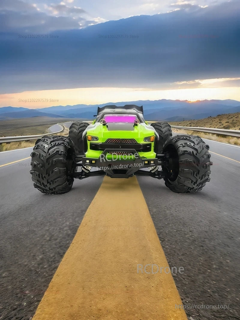 ZLL SG116 PRO/MAX 1/16 4WD RC Car, Green 1/16 scale 4WD RC car with big off-road tires on a desert road, showcasing bold design and bright colors.