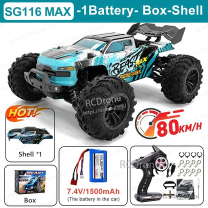 ZLL SG116 Pro/Max RC Car, SG116 MAX 1:16 scale 4WD off-road RC car with brushless motor, reaches 80km/h, 300m range, LED lights, 7.4V battery, RTR, includes shell and box.