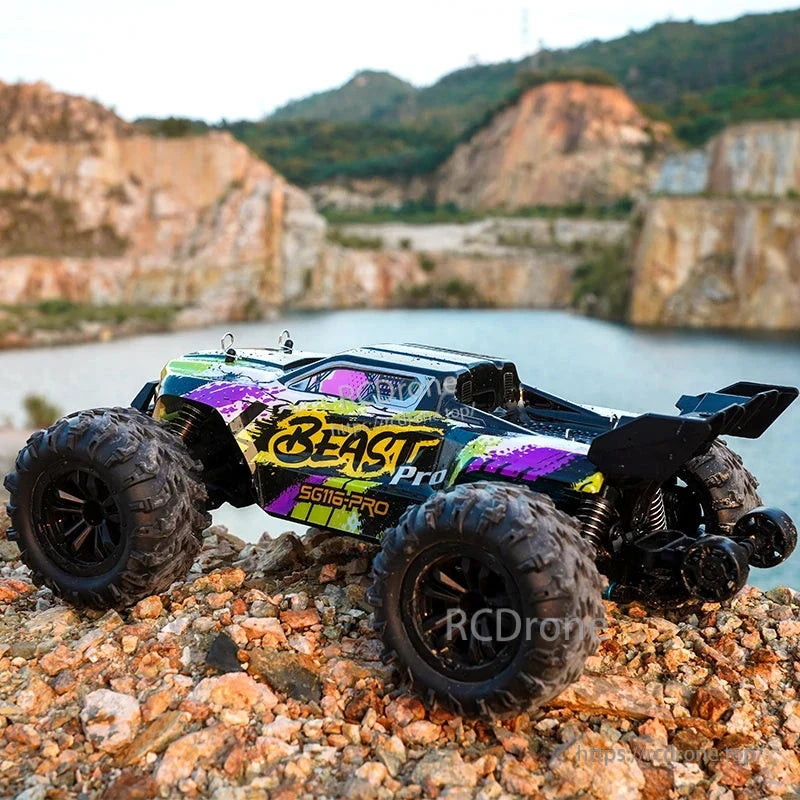 ZLL SG116 Pro/Max RC Car, ZLL SG116 Pro/Max 1:16 scale 4WD off-road RC car with brushless motor, LED lights, 2.4G control, RTR setup, and Li-ion battery.