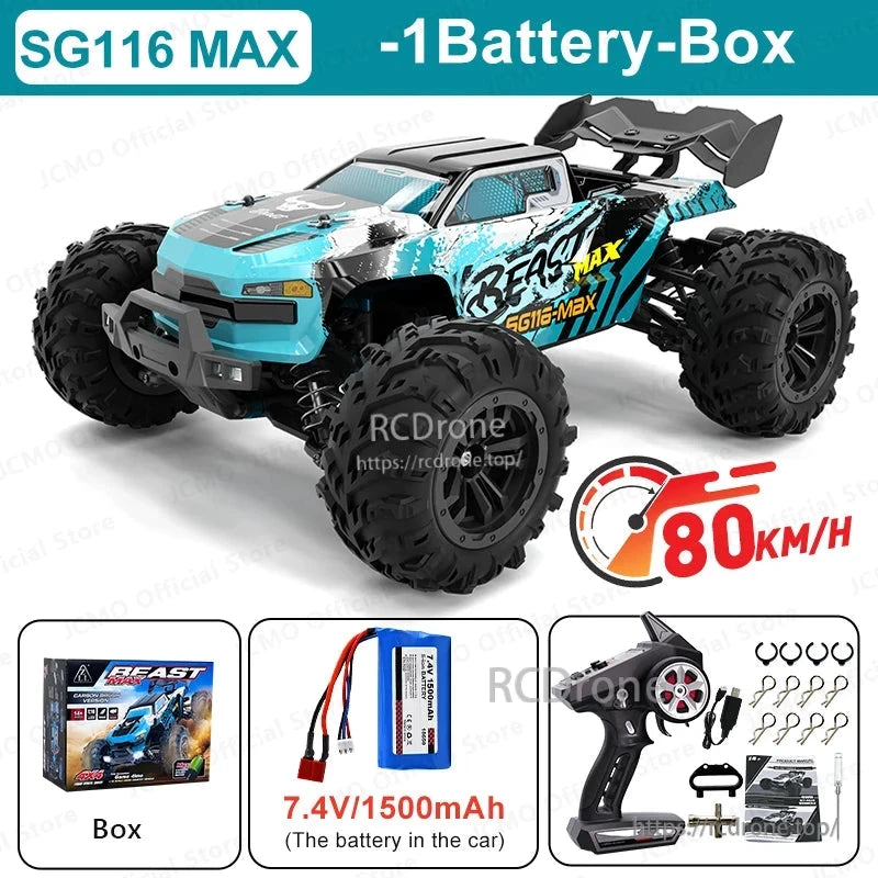 ZLL SG116 Pro/Max RC Car features high speeds, brushless motor, LED lights, and 2.4GHz remote control.