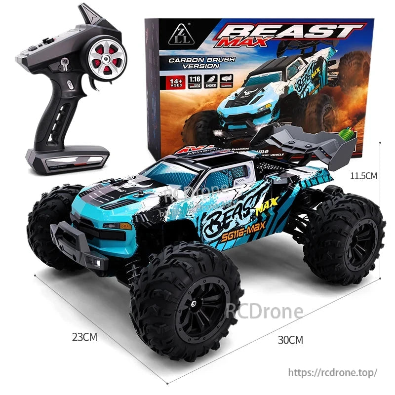 ZLL SG116 Pro/Max RC Car, ZLL Beast Max 1:16 scale brushless 4WD off-road RC car, reaches 80km/h, features LED lights, 2.4G control, RTR with Li-ion battery.