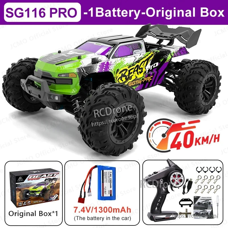 ZLL SG116 Pro/Max RC Car, SG116 PRO 1:16 scale 4WD off-road RC car, 40km/h, 7.4V battery, 2.4G remote, LED lights, 300m range, RTR with box.