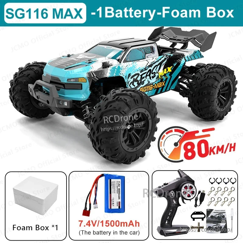 ZLL SG116 Pro/Max RC Car, SG116 MAX 1:16 scale 4WD off-road RC car with brushless motor, reaches 80km/h, 300m range, LED lights, includes battery and foam box.