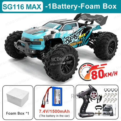 ZLL SG116 Pro/Max RC Car, SG116 MAX 1:16 scale 4WD off-road RC car with brushless motor, reaches 80km/h, 300m range, LED lights, includes battery and foam box.