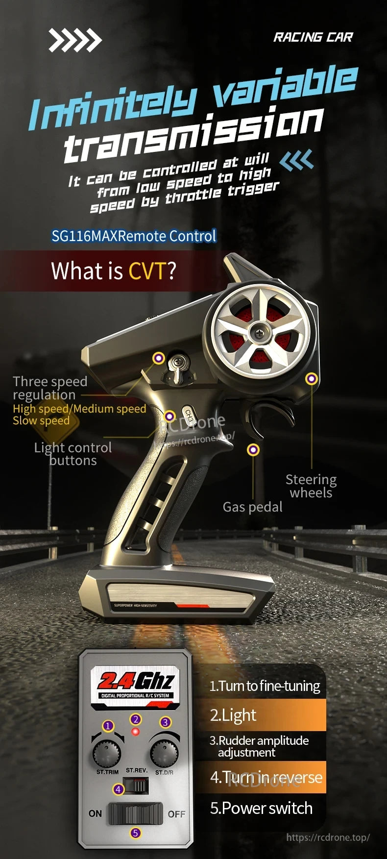 ZLL SG116 Pro/Max RC Car, RC car with CVT, 2.4GHz remote, speed/steering controls, lights, reverse, and fine-tuning functions for enhanced performance and realism.