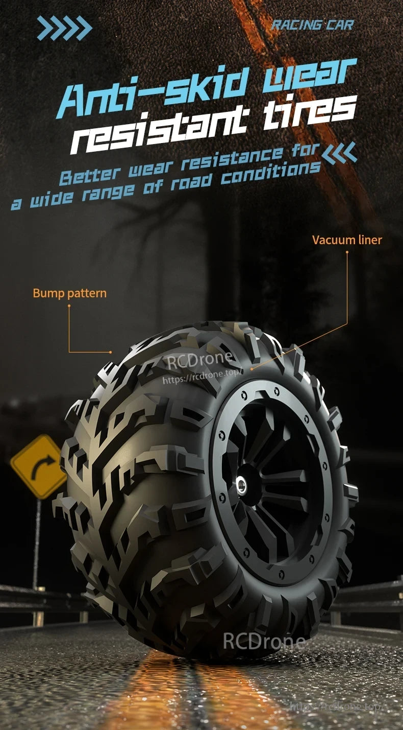 ZLL SG116 Pro/Max RC Car, Durable anti-skid tires with bump pattern and vacuum liner provide superior grip on diverse road surfaces.