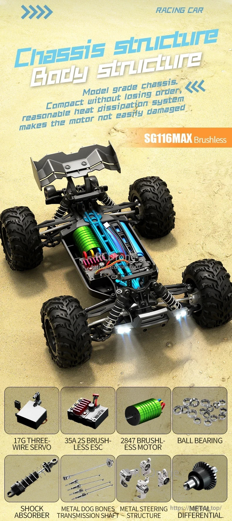 ZLL SG116 Pro/Max RC Car, SG116MAX brushless racing car features a model-grade chassis, compact design, efficient cooling, durable components, 17G servo, 35A ESC, 2847 motor, ball bearings, shocks, metal dog bones, steering system, and differential. (24 words)