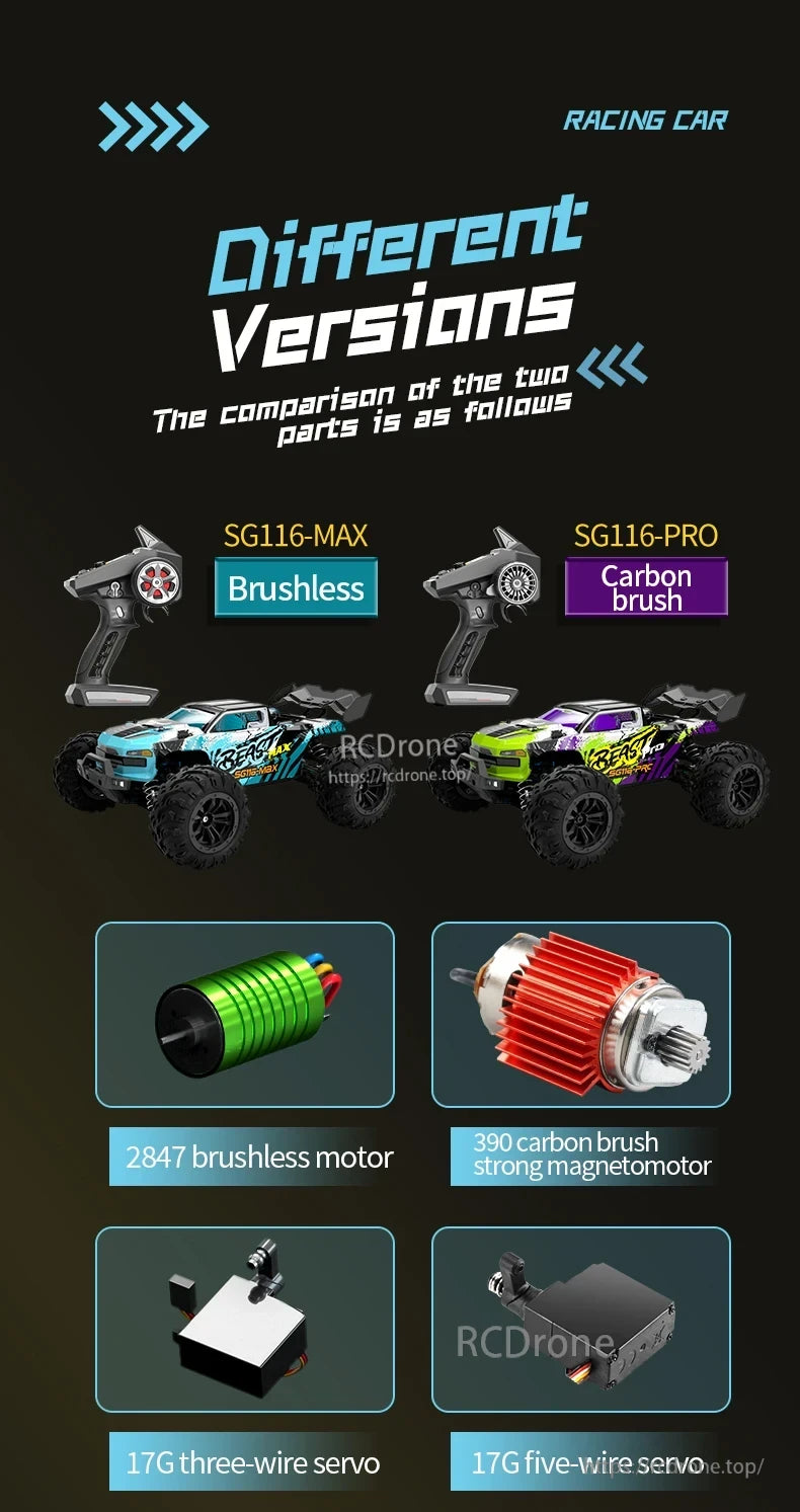 ZLL SG116 Pro/Max RC Car, SG116-MAX and SG116-PRO compared: brushless (2847) vs carbon brush (390) motors, 17G three-wire and five-wire servos.