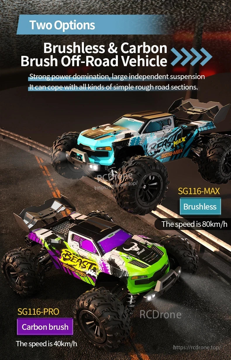 ZLL SG116 Pro/Max RC Car, Two RC cars: SG116-MAX (80km/h, brushless) and SG116-PRO (40km/h, carbon brush), both with strong power, independent suspension, and excellent off-road performance.