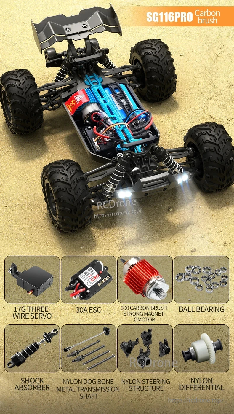 ZLL SG116 Pro/Max RC Car, High-performance off-road components: 17G servo, 30A ESC, 390 motor, ball bearings, shocks, nylon dog bones, steering, and differential for durability.