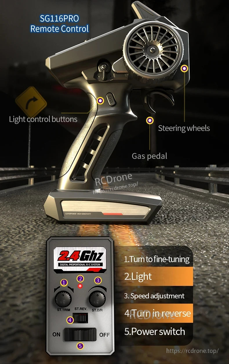 ZLL SG116 Pro/Max RC Car, The SG116PRO remote uses 2.4GHz digital tech for precise control of speed, reverse, lights, and trim in a compact design. (24 words)