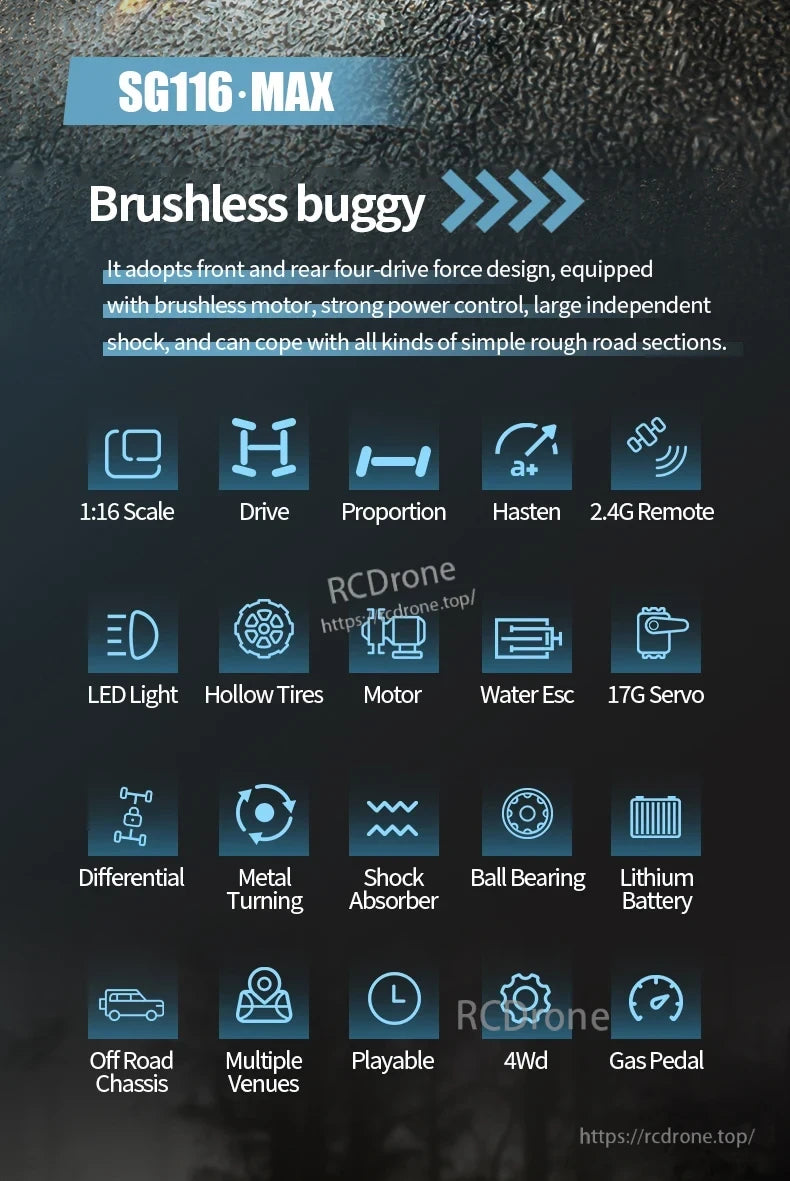 ZLL SG116 Pro/Max RC Car, SG116 MAX is a 1:16 scale brushless 4WD buggy with superior off-road performance, featuring powerful components and durable design for versatile, high-speed driving on rough terrain.