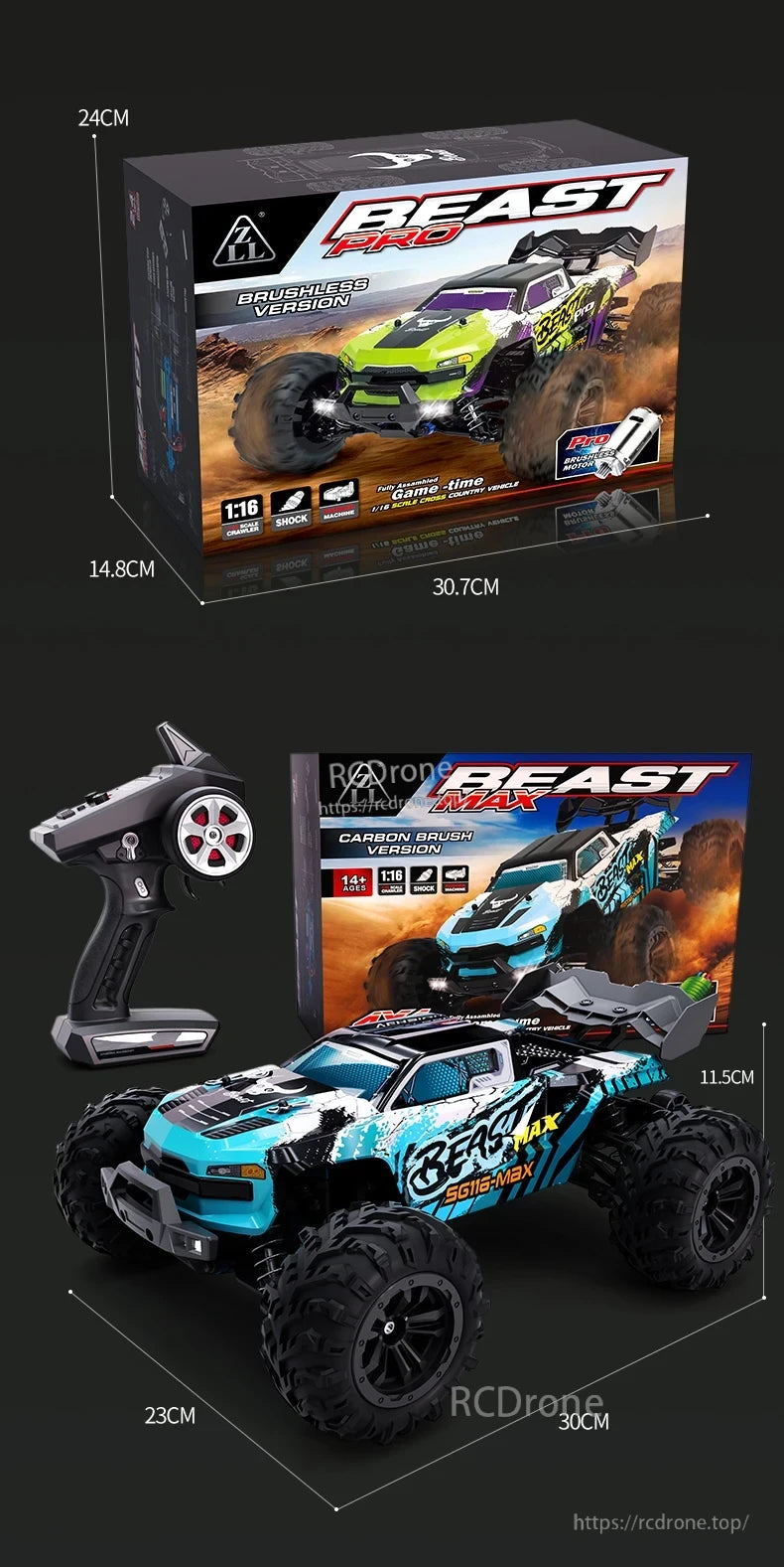 ZLL SG116 Pro/Max RC Car, ZLL BEAST PRO and MAX 1:16 scale brushless/brushed RC cars offer durability, speed, off-road performance, and full assembly. Ideal for ages 14+, with remote included. Models SG116-PRO, SG116-MAX.