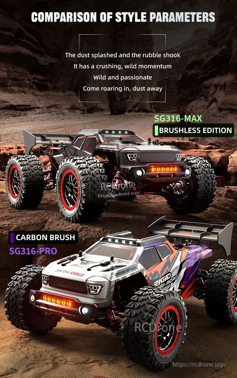 ZLL SG316 MAX/PRO 1:16 4WD Rc Car, SG316-MAX Brushless and SG316-PRO Carbon Brush share rugged design, large tires, LED lights, and aggressive styling for high-performance off-road RC driving.