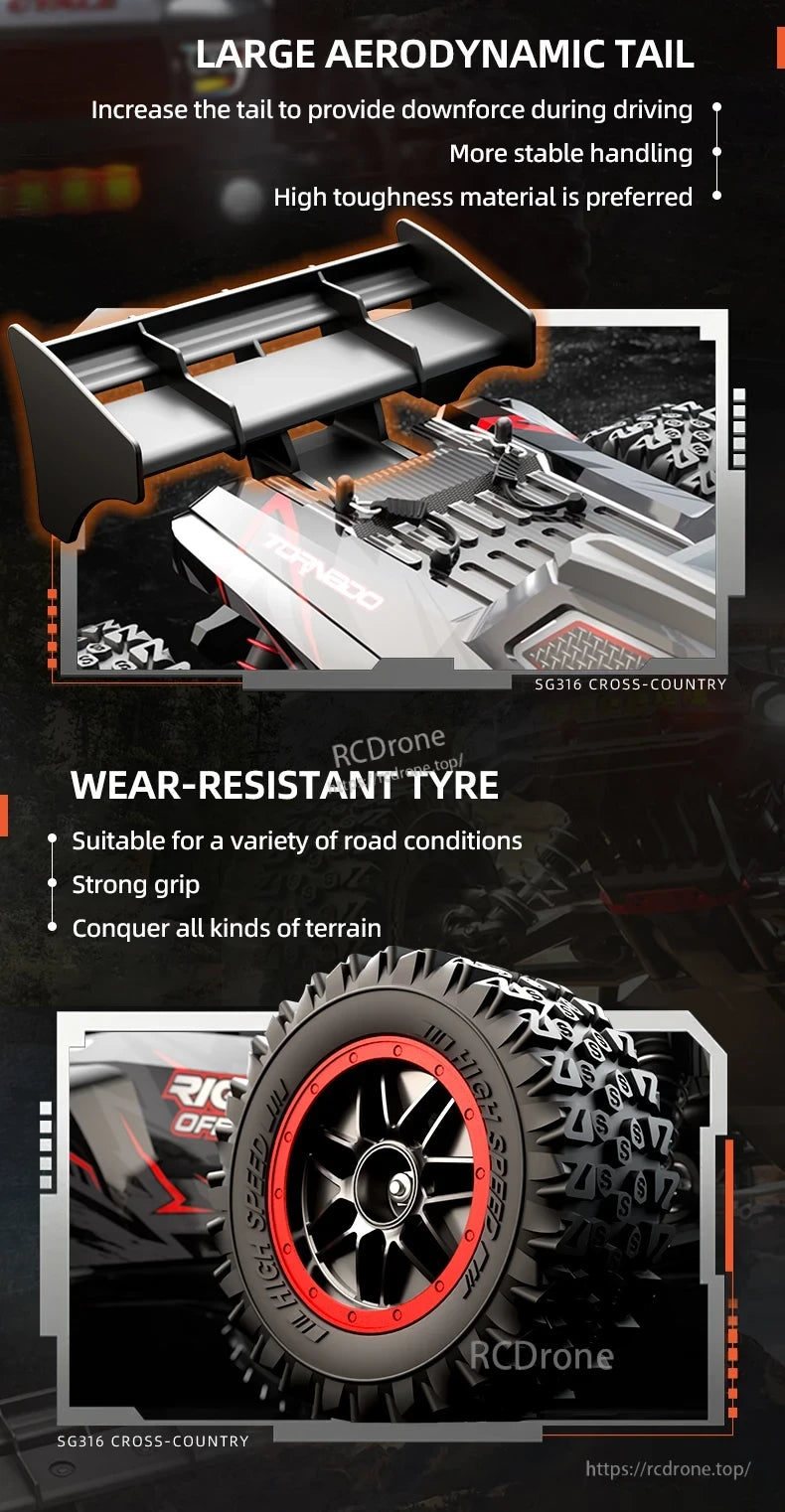 ZLL SG316 MAX/PRO 1:16 4WD Rc Car, The SG316 RC car features an aerodynamic tail, wear-resistant tires, and high-toughness materials for durable, high-performance off-road adventures.