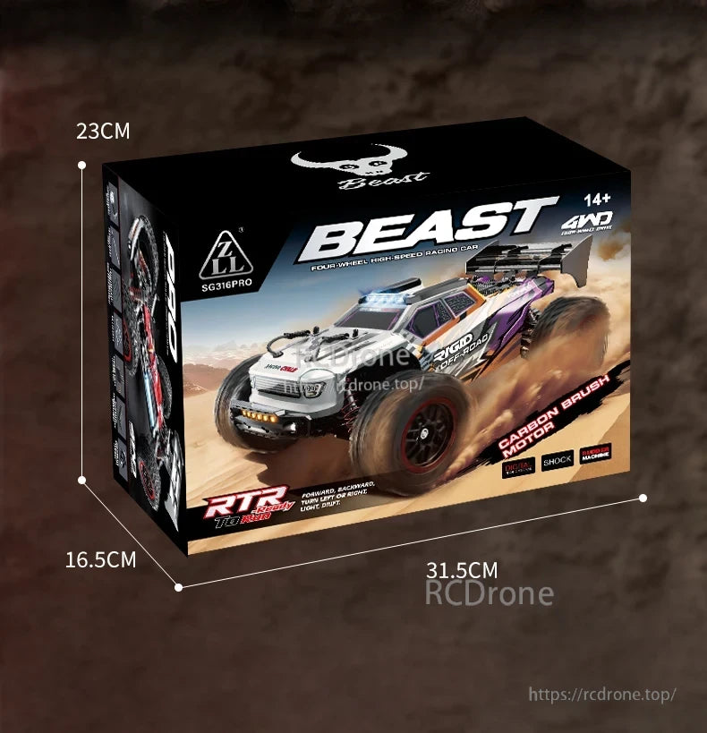 ZLL SG316 MAX/PRO 1:16 4WD Rc Car, ZLL Beast 4WD RC car, 1:16 scale, RTR, carbon brush motor, shock absorption, high-speed racing, for ages 14+, measures 23x31.5x16.5cm.