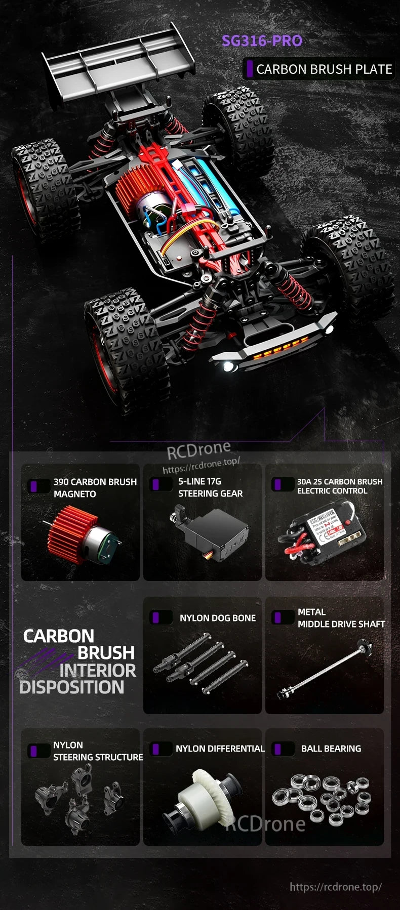 ZLL SG316 MAX/PRO 1:16 4WD Rc Car, SG316-PRO is a durable 1:16 scale 4WD RC car with high-quality components like carbon brush motor, metal drive shaft, nylon parts, and ball bearings for reliable off-road performance.