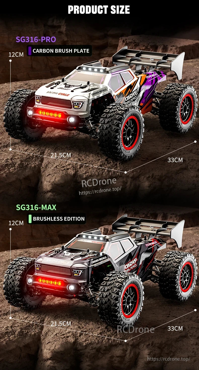 ZLL SG316 MAX/PRO 1:16 4WD Rc Car, SG316-PRO and SG316-MAX are 1:16 scale 4WD RC cars with brushless motors, LED lights, rugged tires, and racing design; measure 33x21.5x12cm.
