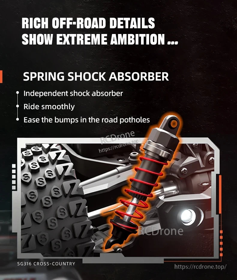 ZLL SG316 MAX/PRO 1:16 4WD Rc Car, SG316 cross-country features off-road details, spring shock absorbers, and independent suspension for smooth rides over rough terrain.