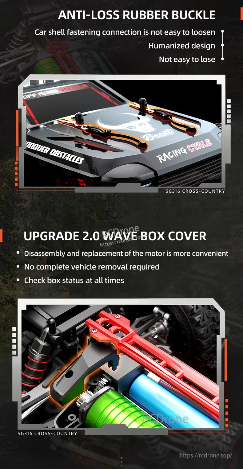 ZLL SG316 MAX/PRO 1:16 4WD Rc Car, Durable off-road drone with secure buckle, easy motor access, bold branding, and rugged design for reliable performance and simple maintenance on tough terrain.