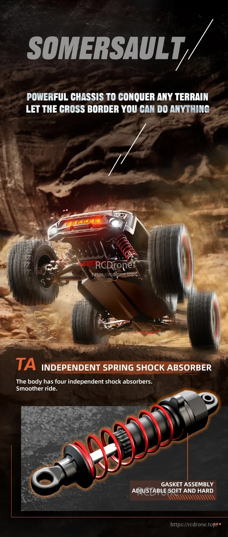 ZLL SG316 MAX/PRO 1:16 4WD Rc Car, Somersault has a rugged chassis, independent spring shocks for smooth rides, and adjustable soft-hard gaskets to optimize performance across all terrains. (24 words)