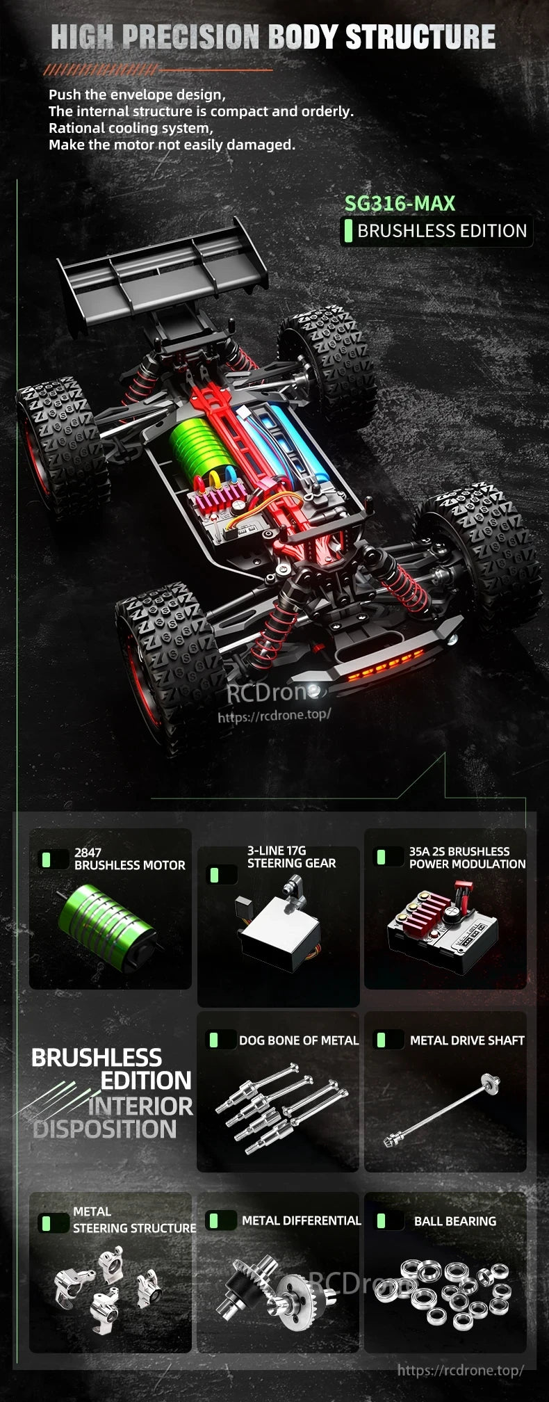 ZLL SG316 MAX/PRO 1:16 4WD Rc Car, Compact, high-precision drone with brushless motor, 35A power modulation, metal drivetrain, and advanced cooling for optimal performance.