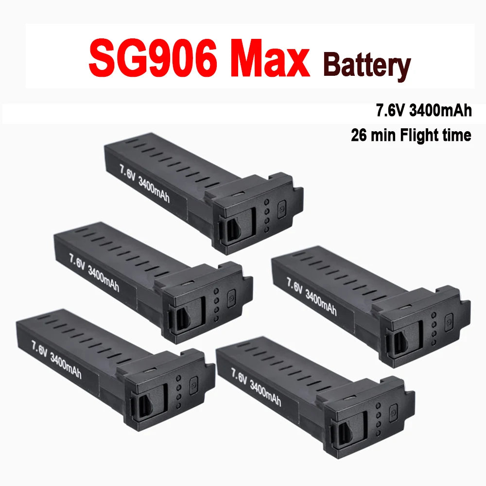 ZLL SG906 Max drone battery details: 7.6V and 3400mAh capacity for up to 26 minutes of flight time.