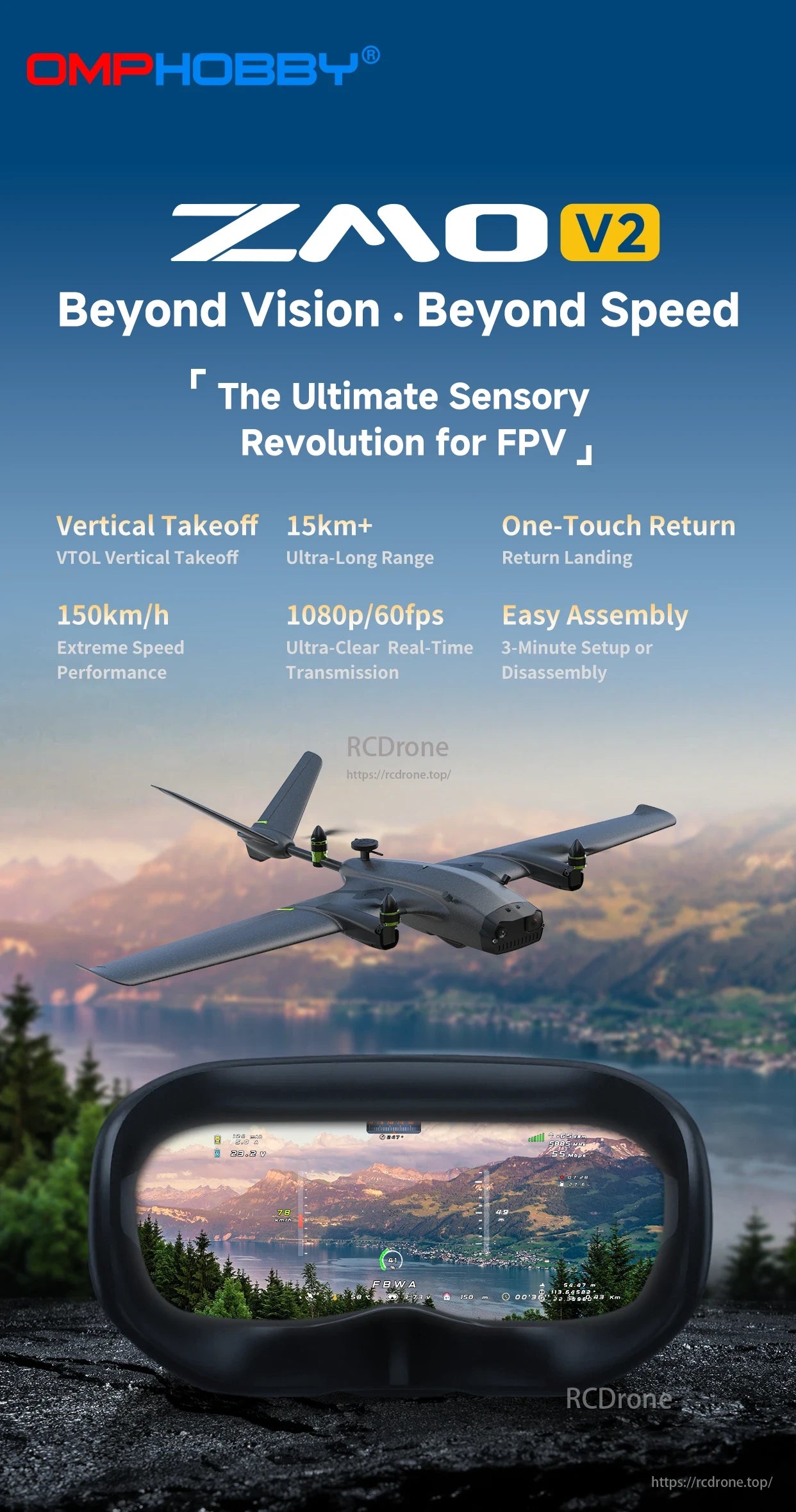 The ZMO V2 Tilt-Rotor FPV Drone features VTOL, 15km+ range, 1080p/60fps transmission, 150km/h speed, one-touch return, easy assembly, and enhances FPV experiences.