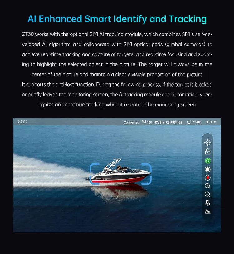 SIYI ZT30 Optical Drone Pod, AI-powered tracking system with optical pods for real-time target tracking and zooming.