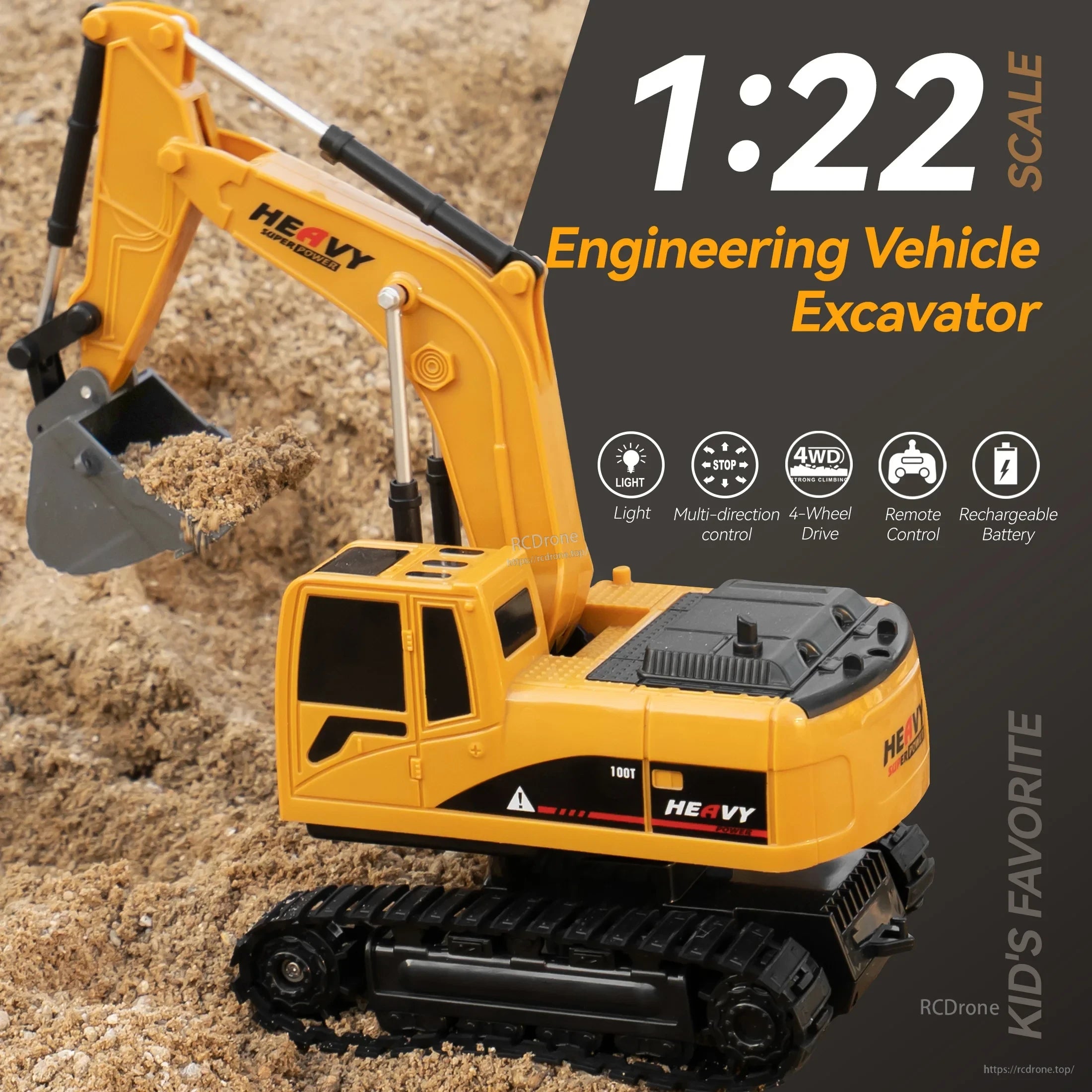ZWN 1/16 Alloy Excavator, 1:22 scale remote-controlled excavator with lights, 4WD, multi-direction control, and rechargeable battery—durable, fun, and perfect for kids who love engineering toys.