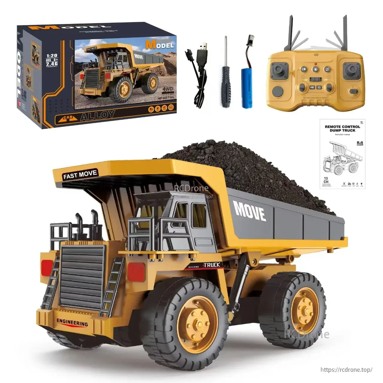 ZWN 1/16 Alloy Excavator, Alloy 4WD remote control dump truck with 2.4G, 13CH, fast movement, USB cable, controller, screwdriver, battery, and manual included.