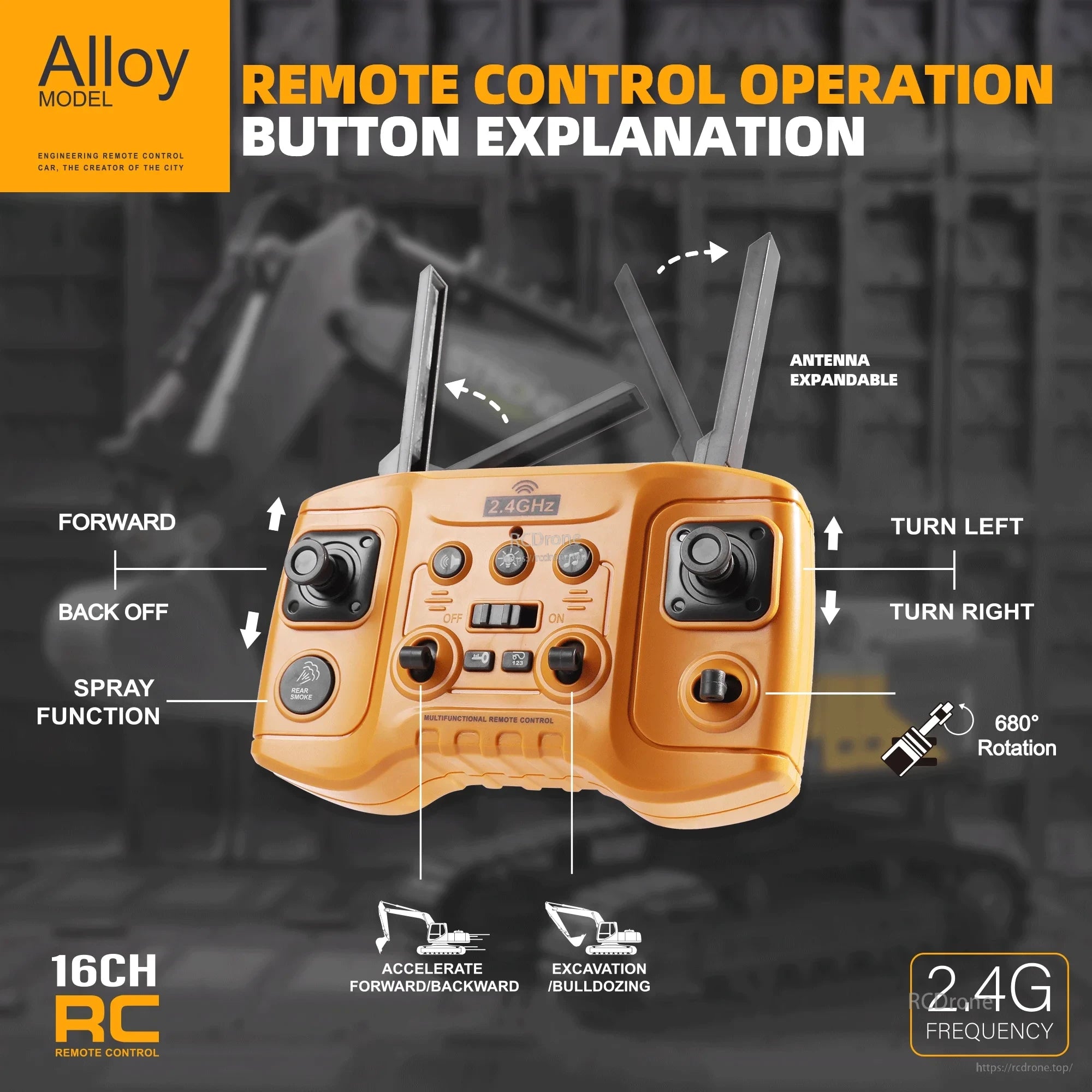 ZWN 1/16 Alloy Excavator, Alloy Model 16CH RC remote: 2.4GHz, forward/backward, turning, spray, acceleration, excavation, bulldozing controls; expandable antenna with 680° rotation.
