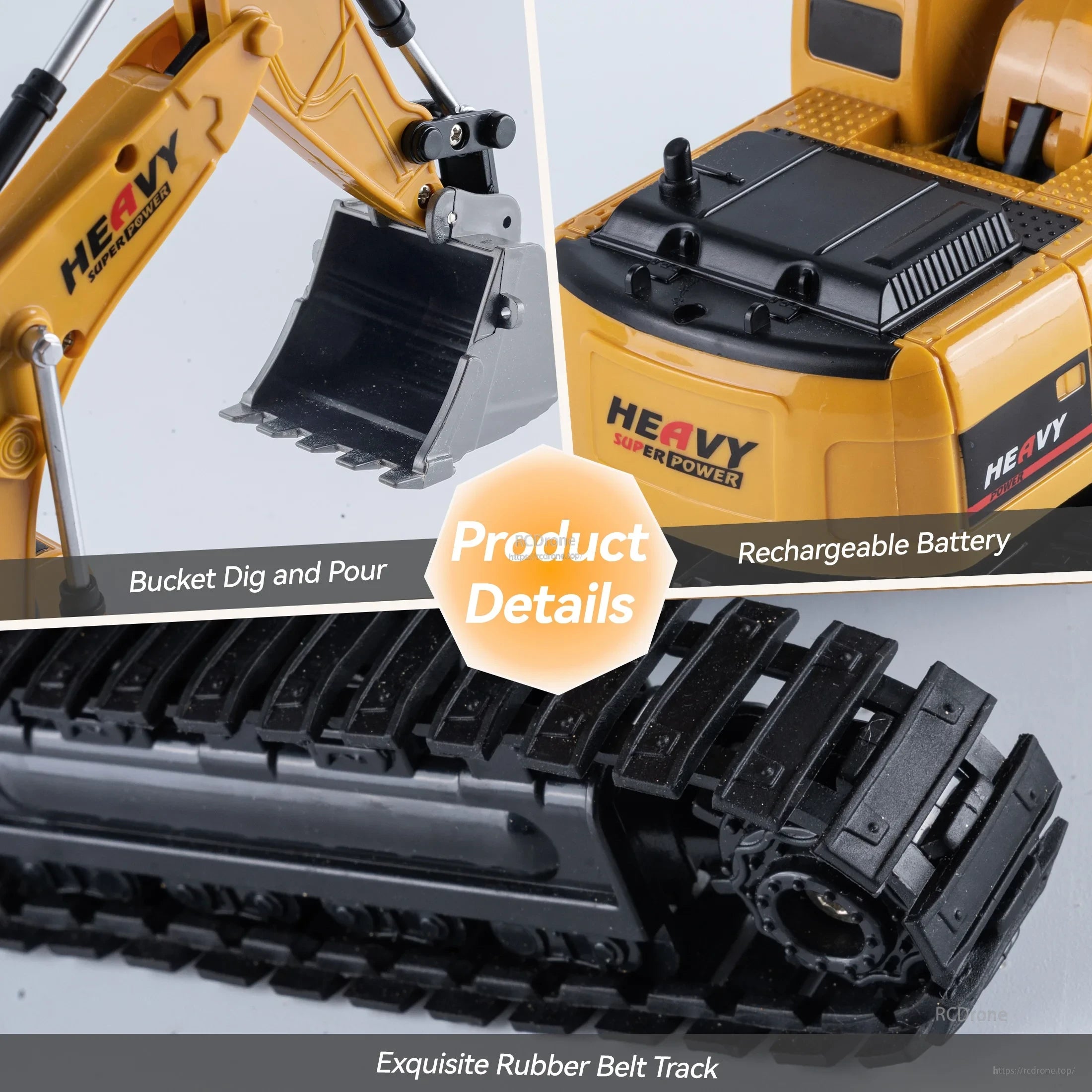 ZWN 1/16 Alloy Excavator, Heavy Super Power excavator with rechargeable battery, bucket dig pour, rubber track