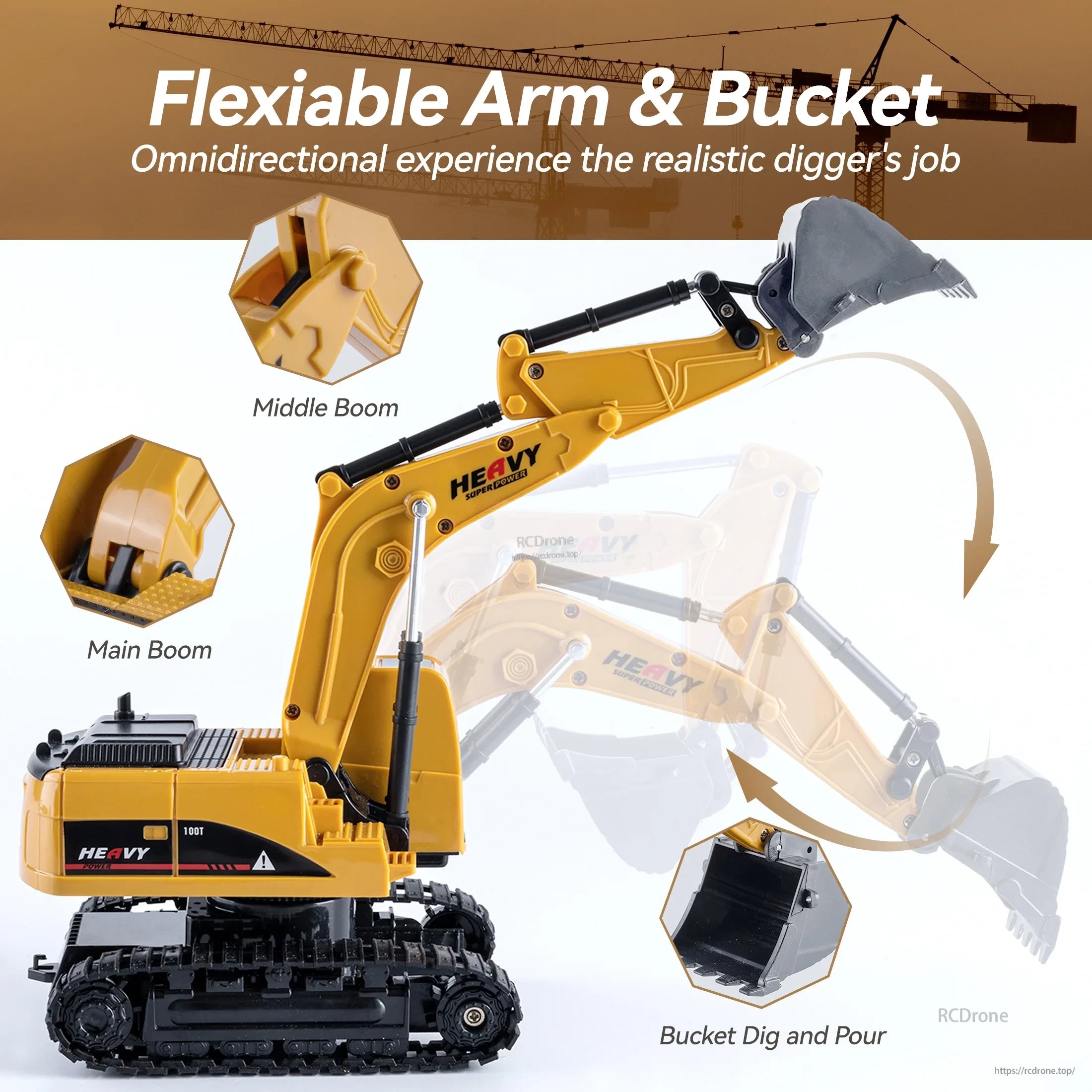 ZWN 1/16 Alloy Excavator, Flexible arm and bucket excavator with realistic digging, featuring main boom, middle boom, and dig-and-pour functions for interactive play.