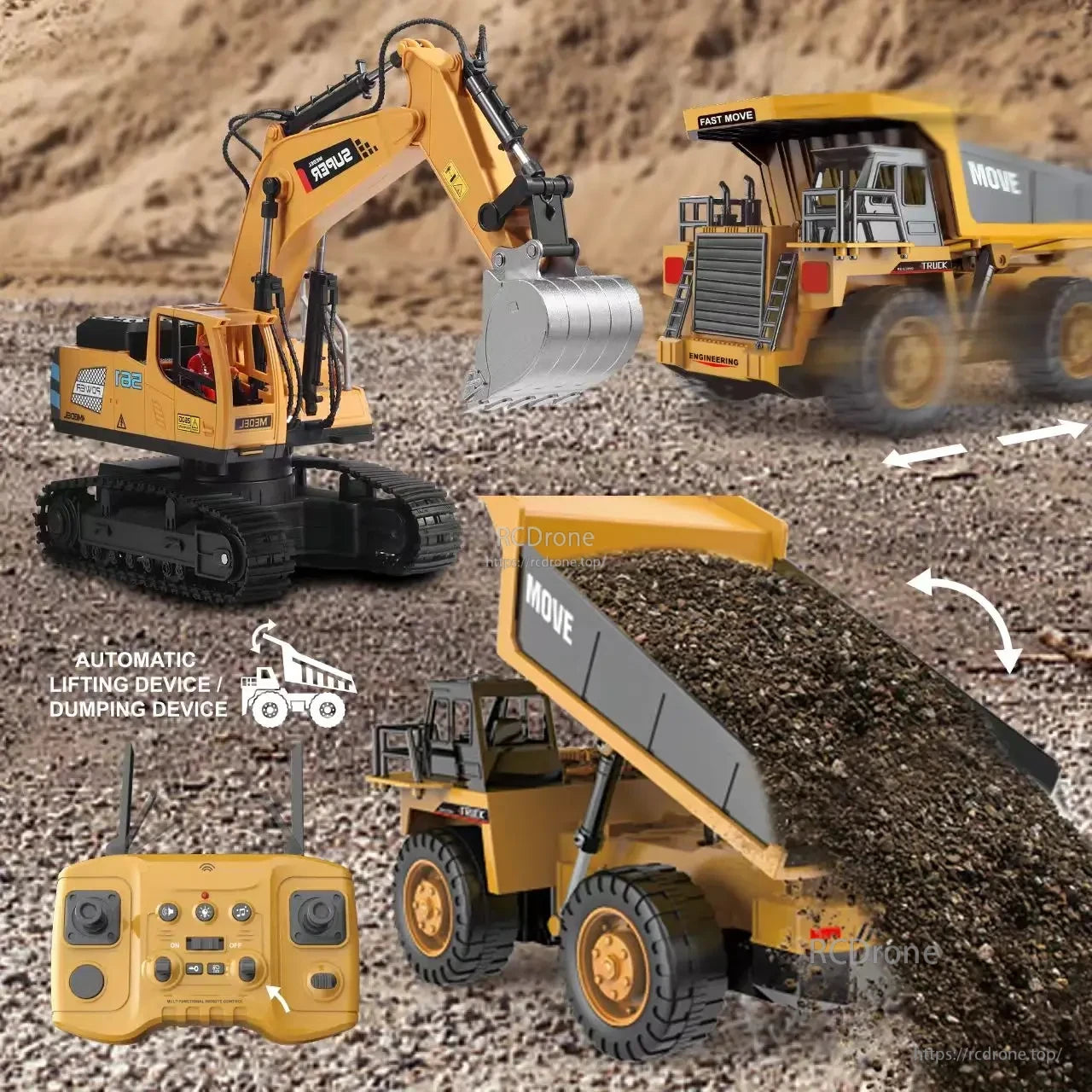 ZWN 1/16 Alloy Excavator, Remote control excavator and dump truck with automatic lifting and dumping functions.