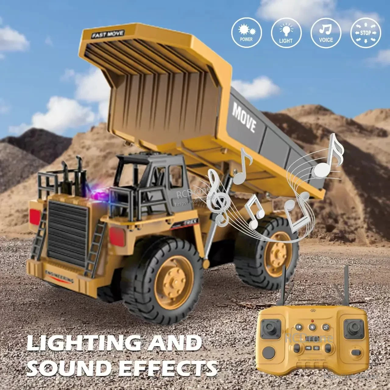 ZWN 1/16 Alloy Excavator, Remote-controlled dump truck with lights, sounds, and voice functions; features power, light, voice, and stop controls for interactive play.