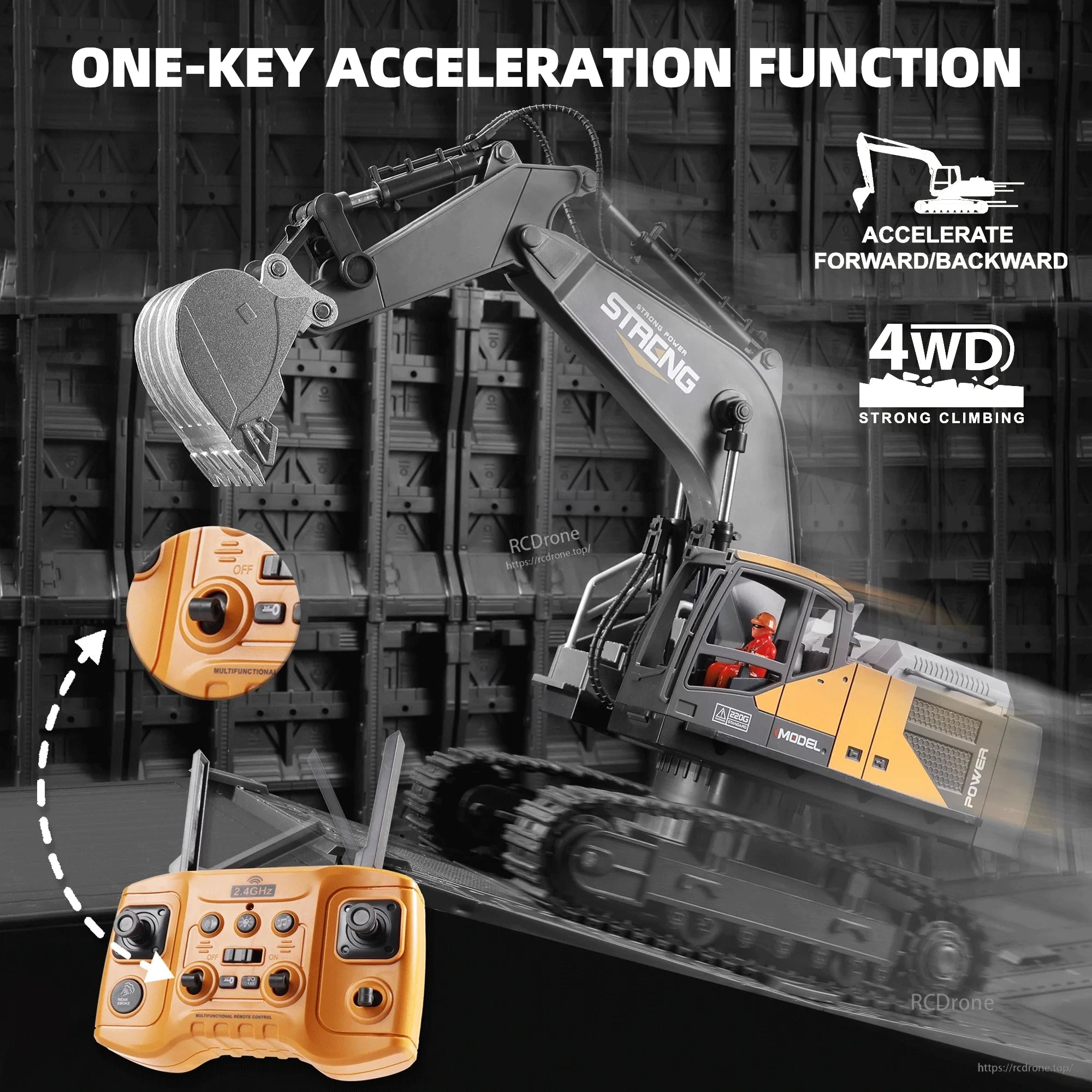 ZWN 1/16 Alloy Excavator, Remote control 4WD excavator with one-key acceleration, strong climbing ability, multifunctional controller, and 2.4GHz frequency for precise operation.