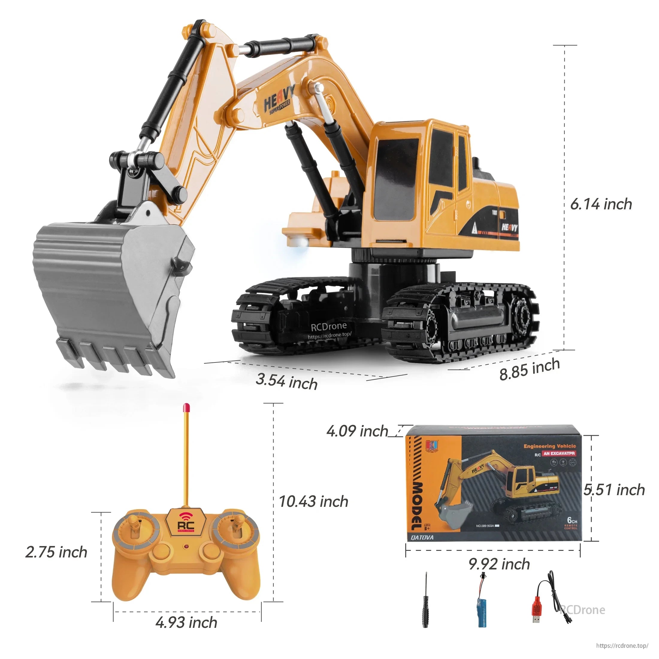 ZWN 1/16 Alloy Excavator, 1/16 scale remote control excavator with alloy body, 6-channel operation, includes controller, battery, charger, tools. Compact size: 8.85" x 6.14" x 3.54".