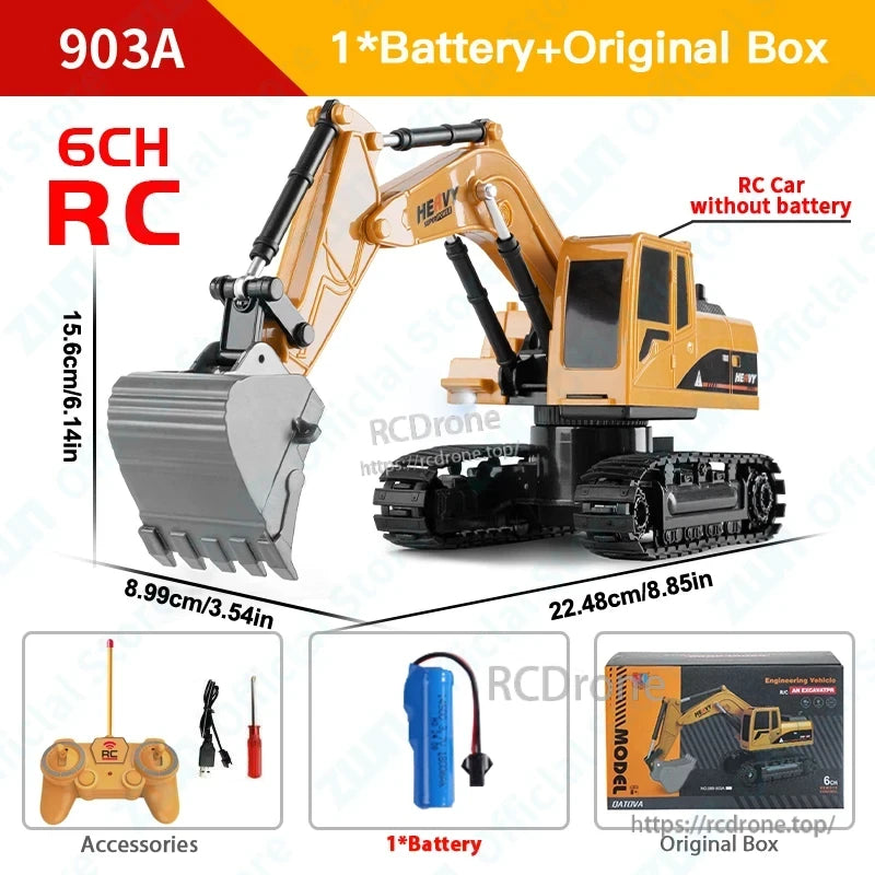 ZWN 1/16 Alloy Excavator, 6CH RC excavator 903A with battery, remote, accessories, and original box; measures 22.48 x 15.6 x 8.99 cm.