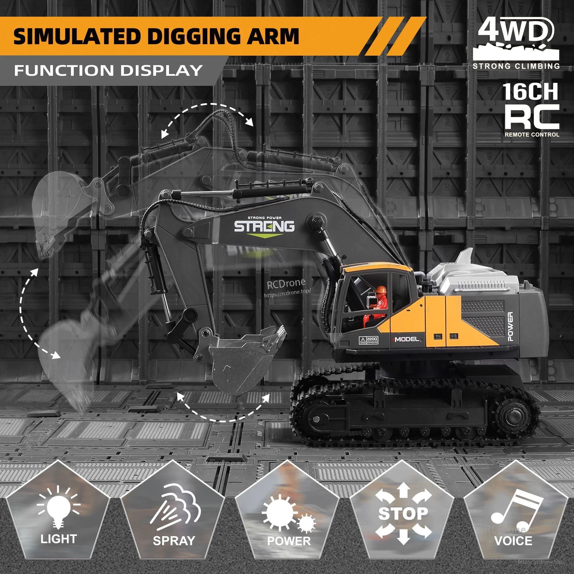ZWN 1/16 Alloy Excavator, 4WD climbing excavator with 16CH remote, simulated digging arm, lights, spray, voice, and powerful mechanical functions.
