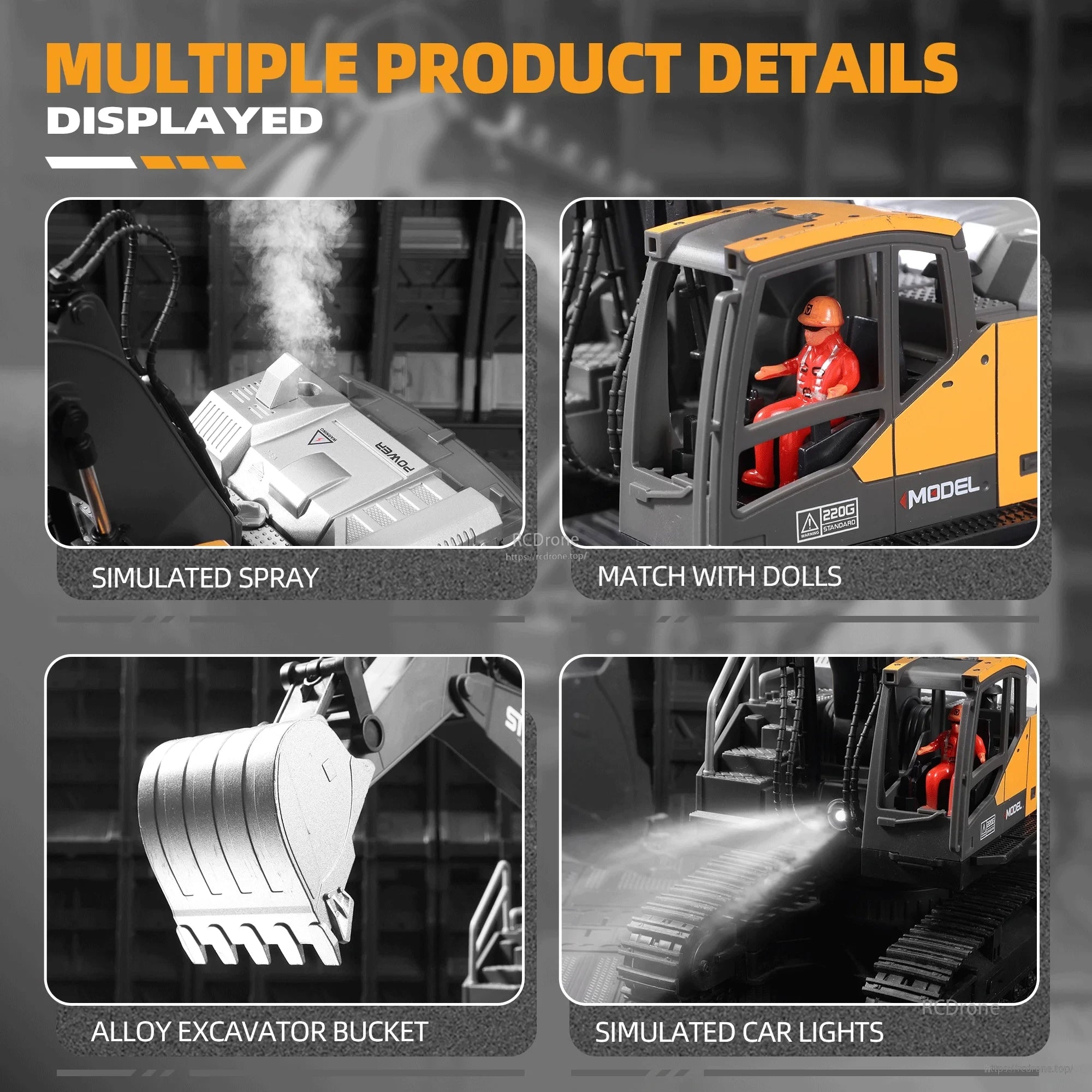 ZWN 1/16 Alloy Excavator, Alloy excavator features simulated spray, doll compatibility, metal bucket, and realistic lights for immersive play.