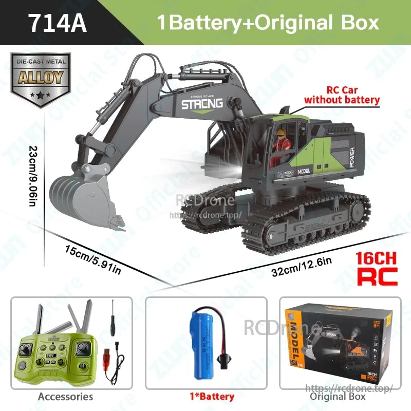 ZWN 1/16 alloy excavator with 16CH remote, die-cast metal body, includes battery and box. Measures 32x23x15cm.